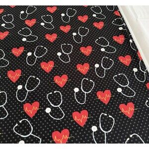 Medical Nurse Doctor EKG Heartbeats Stethoscope Black Quilt Cotton Cardiac BTY